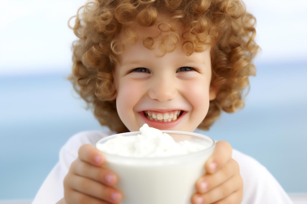 Porträt eines kleinen rothaarigen, lockigen Jungen, der lächelt und ein Glas Joghurt in der Hand hält