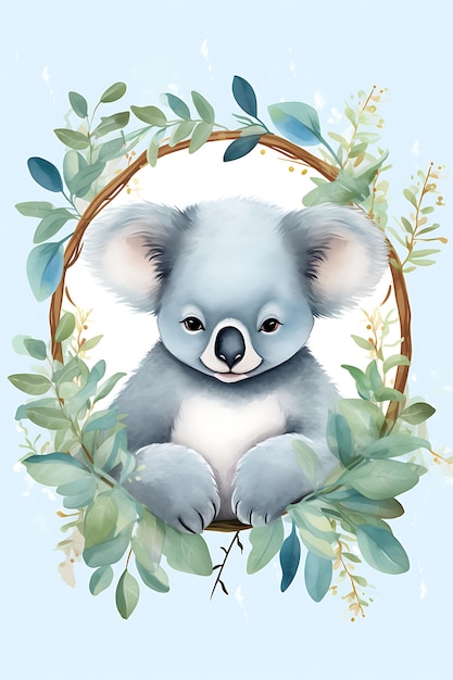 Porträt eines Koalas, der Eukalyptus hält und träge döst. BlueGray Vintage Poster 2D Flat Design Art