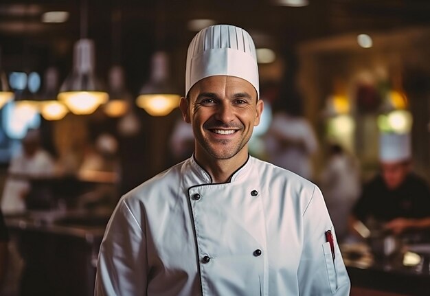 Porträt eines Kochmanns in Uniform und Hut, der im Restaurant lächelt