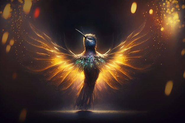 Porträt eines Kolibris wie ein Tänzer auf der Bühne unter Flutlicht von oben generativer ai