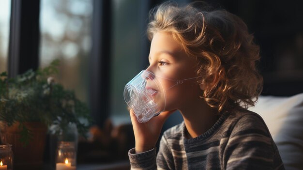 Porträt eines kranken kleinen Jungen mit Inhalationsmaske auf dem Gesicht zu Hause