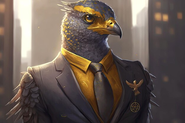 Porträt eines Kuckucks in einem dunklen Business-Anzug mit goldener Krawatte auf einem verschwommenen Hintergrund einer generativen Büro-KI