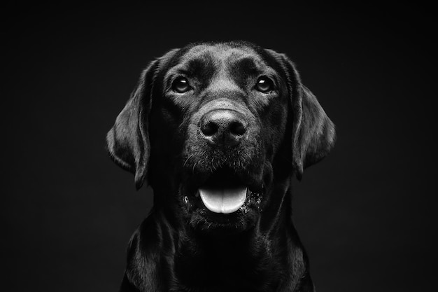 Porträt eines Labrador Retriever-Hundes auf einem isolierten schwarzen Hintergrund