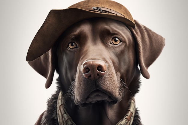 Porträt eines Labrador Retriever in einem Hut und dunklem Hintergrund. Generative KI-Illustration