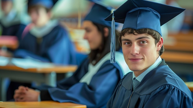 Porträt eines lächelnden Absolventen in Kleid und Hut, junger Mann im Klassenzimmer