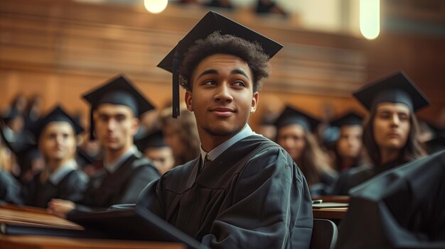 Porträt eines lächelnden Absolventen in Kleid und Hut, junger Mann im Klassenzimmer