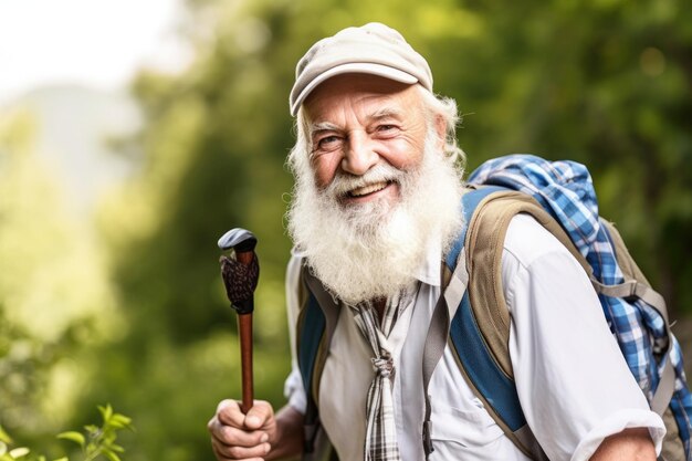 Porträt eines lächelnden älteren Mannes, der sich auf eine mit generativer KI erstellte Wanderung vorbereitet