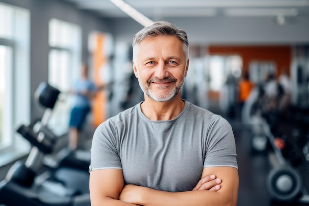 Porträt eines lächelnden älteren Mannes im Fitnessstudio, der in die Kamera schaut