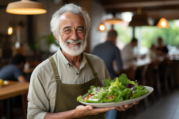 Porträt eines lächelnden älteren Mannes mit einem Salat im Restaurant Fröhlicher älterer Mann mit gesundem Essen