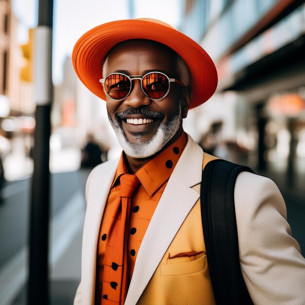 Porträt eines lächelnden afrikanisch-amerikanischen Mannes in Sonnenbrille und Hut Porträt von lächelndem afrikanischen Ameri