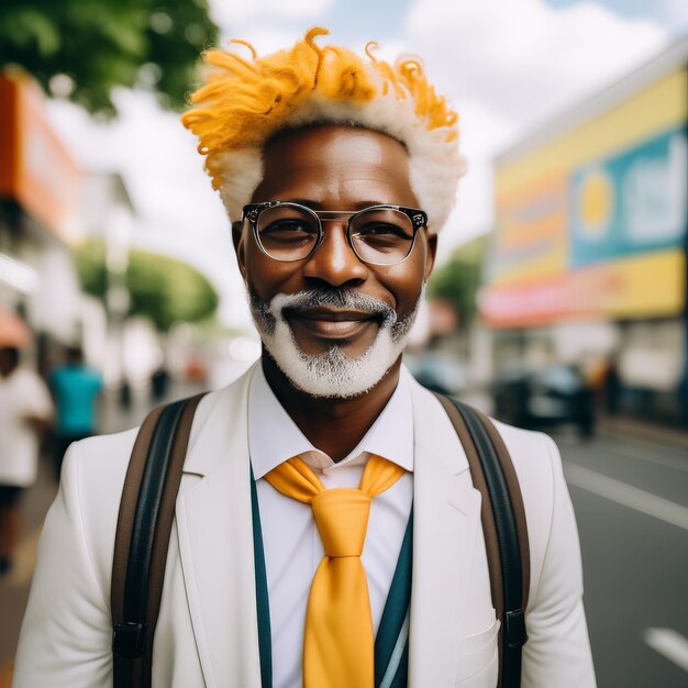 Porträt eines lächelnden Afro-Geschäftsmanns mit Brille und Dreadlocks in der Stadt