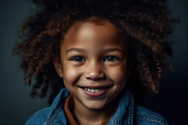 Porträt eines lächelnden afroamerikanischen kleinen Mädchens mit lockigem Haar. Generative KI