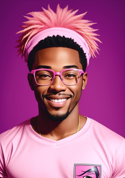 Porträt eines lächelnden afroamerikanischen Mannes mit Afro-Frisur und rosa Brille