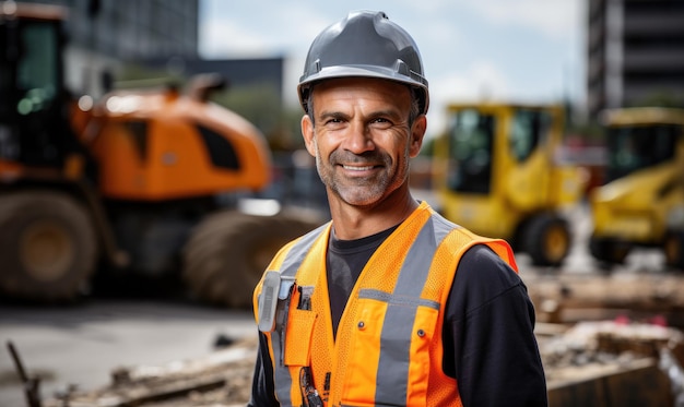 Foto porträt eines lächelnden arbeiters, eines mannes mit helm, eines männlichen ingenieurs mit sicherheitsweste und hut, der auf einer fertigungs- oder baustelle steht.