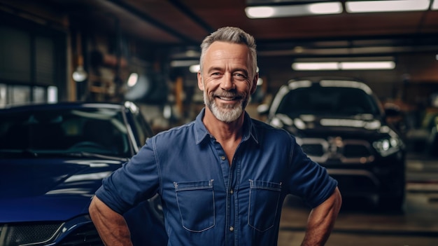 Foto porträt eines lächelnden automechanikers in uniform, der in seiner eigenen autoreparaturwerkstatt steht.