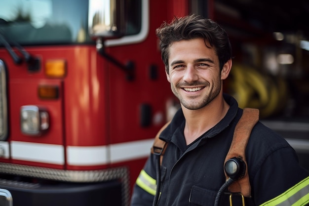 Porträt eines lächelnden Feuerwehrmanns, der in voller Montur in die Kamera blickt. Generativ von Ai