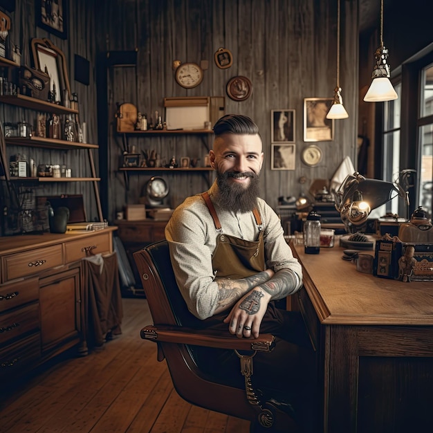 Porträt eines lächelnden Friseurs, der mit Bart und Tätowierungen in einem Friseursalon in einem Sessel sitzt