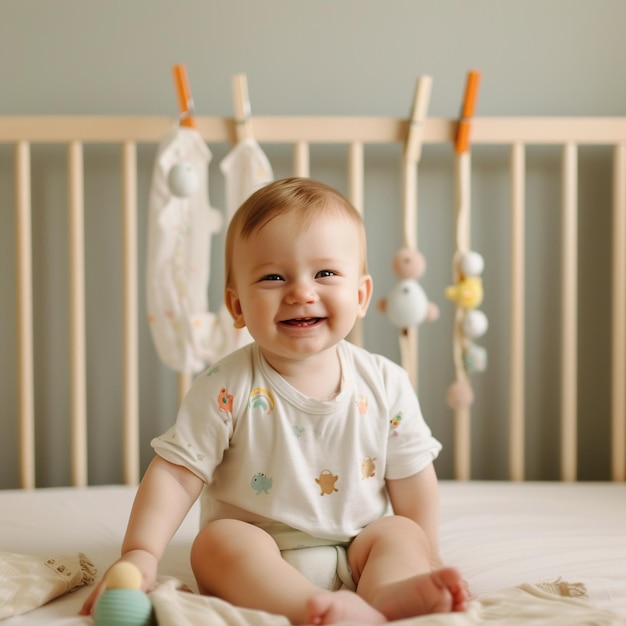 Porträt eines lächelnden Jungen, der zu Hause auf dem Bett sitzt