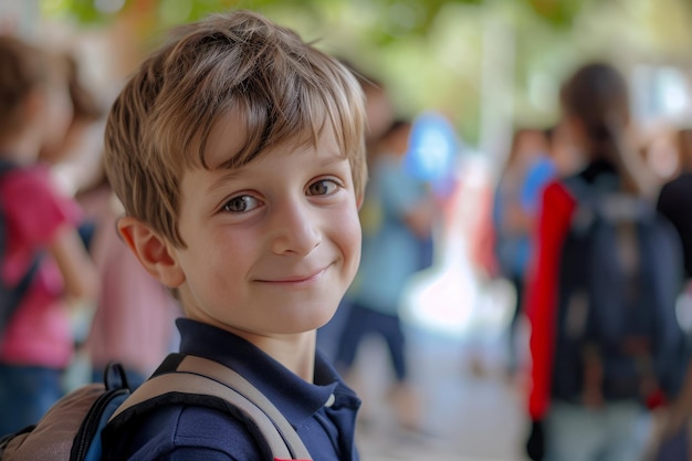 Porträt eines lächelnden jungen Jungen mit einem Rucksack, der in einem überfüllten Schulhof steht