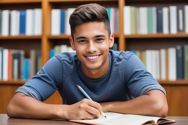 Porträt eines lächelnden jungen Mannes, der an einem Tisch in der Bibliothek sitzt