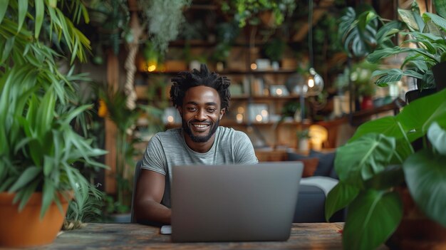 Porträt eines lächelnden jungen Mannes, der auf einem Laptop arbeitet, während er in einem Café sitzt