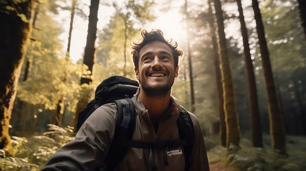 Porträt eines lächelnden jungen Mannes, der ein Selfie in einem Wald macht