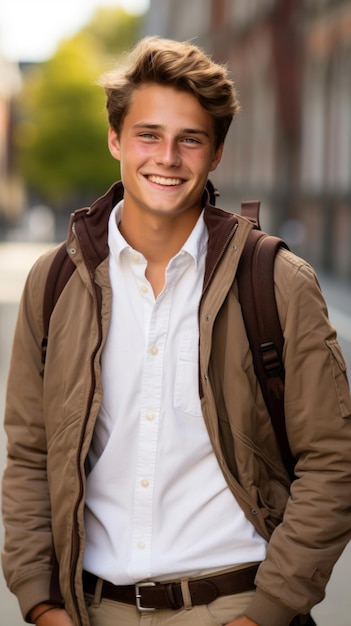 Porträt eines lächelnden jungen Mannes mit Rucksack