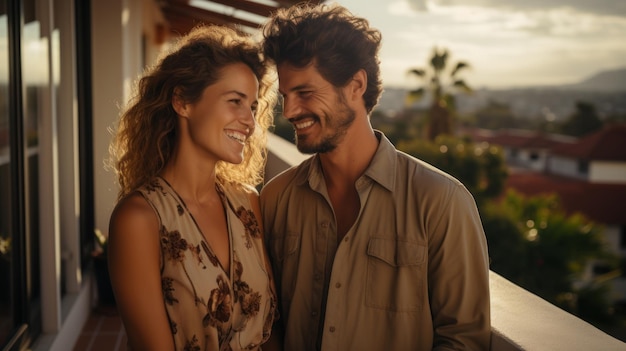 Porträt eines lächelnden jungen Paares, das sich gegenseitig ansieht, während es zu Hause auf dem Balkon steht