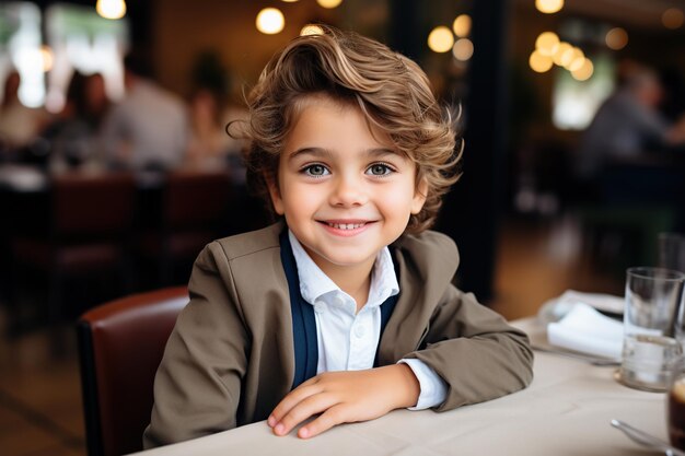 Porträt eines lächelnden kleinen Jungen, der am Tisch im Café sitzt und in die Kamera schaut