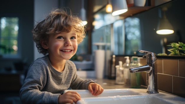 Porträt eines lächelnden kleinen Jungen, der sich zu Hause im Badezimmer die Hände wäscht