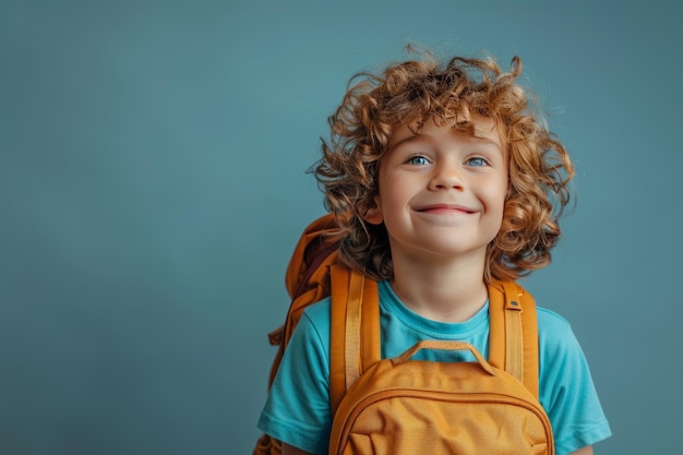 Porträt eines lächelnden kleinen Jungen mit Rucksack auf blauem Hintergrund