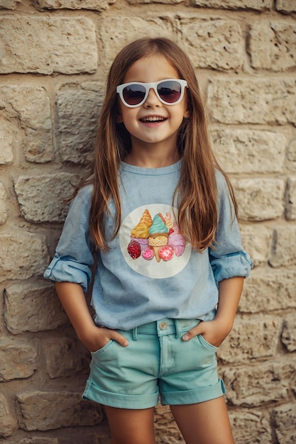 Porträt eines lächelnden kleinen Mädchens in Sonnenbrille und einem T-Shirt auf einem Backsteinwand-Hintergrund