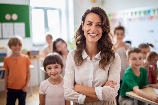 Porträt eines lächelnden Lehrers in einer Klasse in der Grundschule, der mit lernenden Schülern in die Kamera blickt