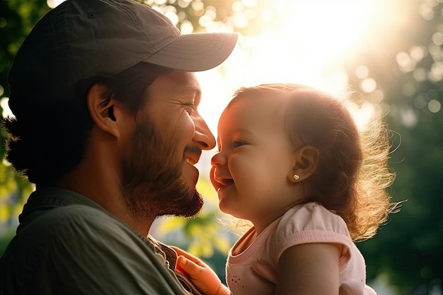 Porträt eines lächelnden, liebevollen Vaters mit einem süßen, glücklichen Baby im Freien, erstellt mit generativer KI
