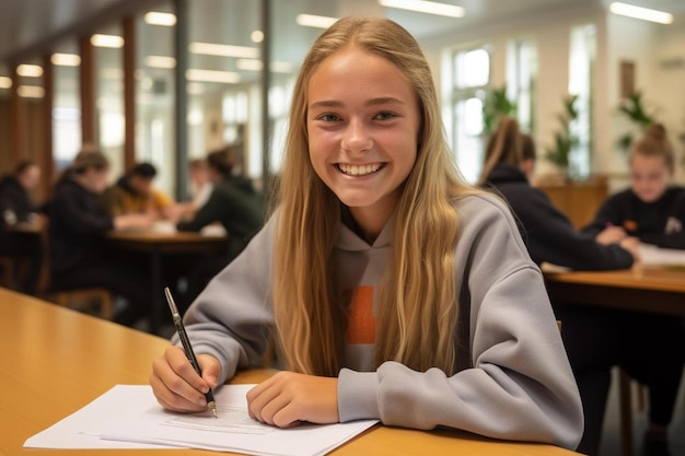 Porträt eines lächelnden Mädchens, das eine mathematische Gleichung auf der Tafel löst. Ein College-Student denkt und löst