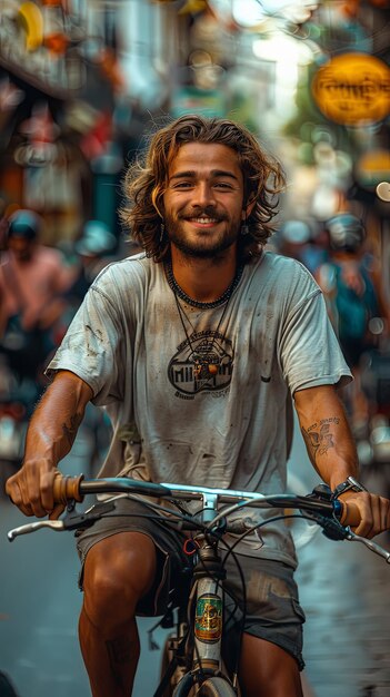 Porträt eines lächelnden Mannes auf einem Fahrrad