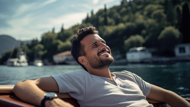 Foto porträt eines lächelnden mannes auf einer yacht auf see während eines urlaubs