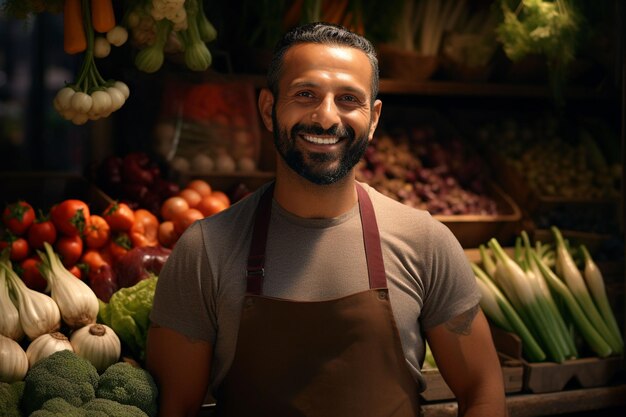Porträt eines lächelnden Mannes, der Gemüse in einem von der KI erzeugten Lebensmittelgeschäft verkauft