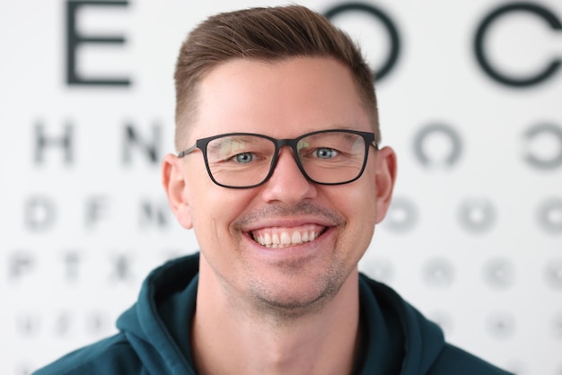 Porträt eines lächelnden Mannes mit Brille auf dem Hintergrund des Tisches für den Sehtest