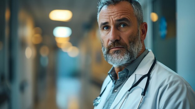 Porträt eines lächelnden, reifen Arztes in einem weißen Mantel, der im Krankenhausgebäude steht
