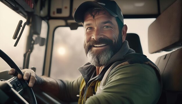 Porträt eines lächelnden reifen Lieferboten, der einen Lastwagen in der Stadt fährt Generative KI