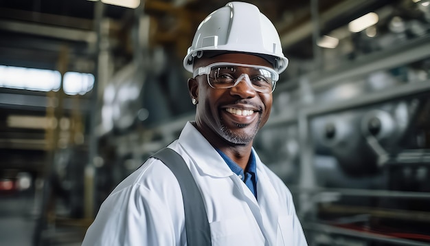 Porträt eines lächelnden schwarzen Mannes mit weißem Schutzhelm in einer Fabrik