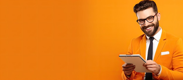 Porträt eines lächelnden Studenten, der Notizen macht, mit Bart auf orangefarbenem Hintergrund, Symbol für Geschäftsstrategie, Startup-Idee und Zeitmanagement