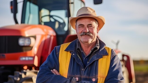 Porträt eines Landwirts vor einem Mähdrescher