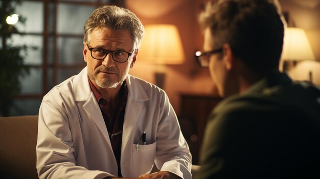 Porträt eines leitenden männlichen Arztes im weißen Kittel und mit Brille, der in die Kamera blickt, während er in der künstlichen Intelligenz sitzt