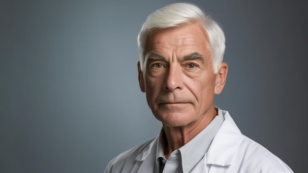 Porträt eines leitenden männlichen Arztes mit weißen Haaren auf grauem Hintergrund