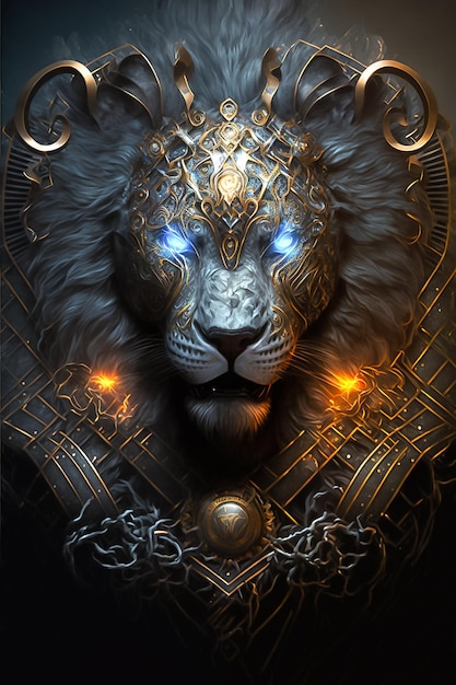 Porträt eines leuchtenden schwarzen Löwen in glänzender Rüstung. KI-generiert