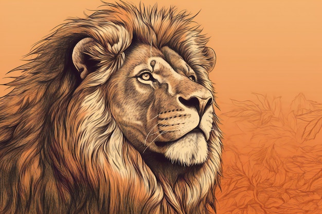 Porträt eines Löwen auf orangefarbenem Hintergrund. Handgezeichnete Illustration