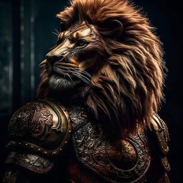 Porträt eines Löwen in Rüstung vor dunklem Hintergrund. Fantasie