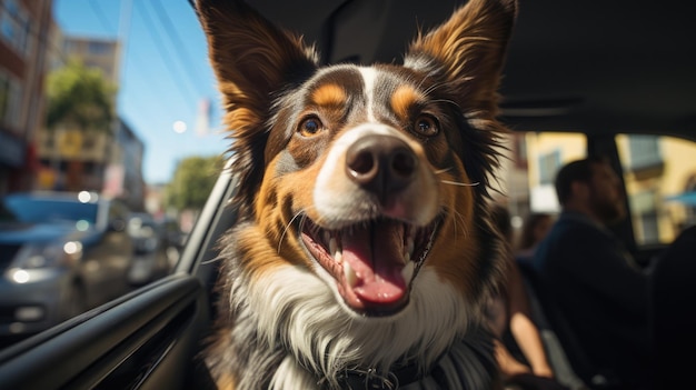 Porträt eines lustigen Hundes im Autofenster während des Autos Generative Ai